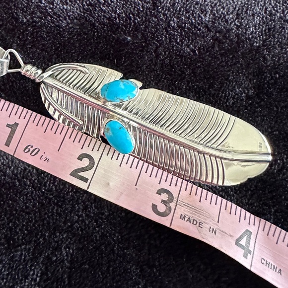 Sterling silver feather with turquoise accents by Desert Rose Trading - Picture 6 of 7